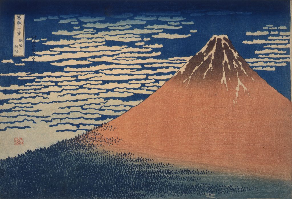 “Gaifu Kaisei (South Wind, Clear Sky)/ Thirty-six views of Mount Fuji” by Katsushika Hokusai/ 1831-33, Edo period/ Large-sized color wood-block print/ Collection of Edo-Tokyo Museum Exhibition period: February 26 – March 22, 2020 (Fukuoka)