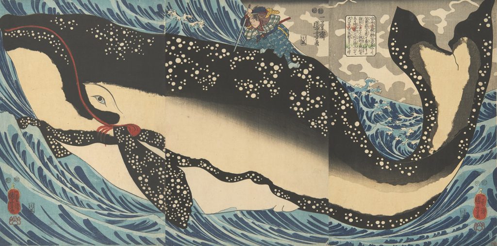 우카가와 구니요시「미야모토 무사시의 고래 퇴치」에도시대/고우카4년（1847）경, 오반니시키에3장 연속  전시 기간：2020년1월28일～2월24일（후쿠오카 회장）