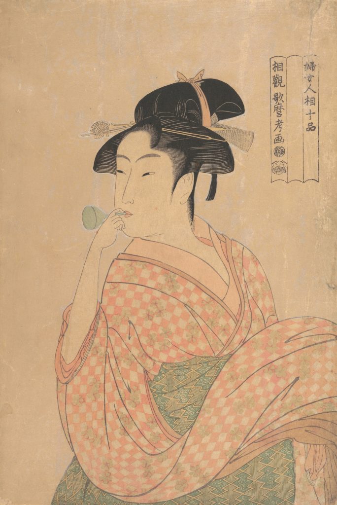 “Young Woman Blowing a Popen from the series, Ten Classes of Women’s Physiognomy (Fujo Ninso Juppen)” by Kitagawa Utamaro/ 1792-3, Edo period/ Large-sized color wood-block print/ Collection of The Metropolitan Museum of Art/ Image Copyright ©The Metropolitan Museum of Art / Image source: Art Resource, NY Exhibition period: February 11 – March 1, 2020 (Fukuoka)