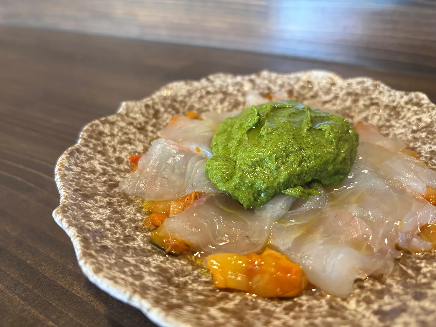 長浜市場 真鯛のカルパッチョ ニラとピスタチオのソース 夏野菜のカポナータ